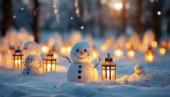 ai generado monigote de nieve sonriente en el noche, invierno celebracion con decoraciones generado por ai foto