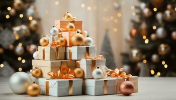 ai generado un brillante regalo caja ilumina el decorado Navidad árbol generado por ai foto