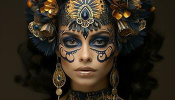 AI generated Beautiful young woman looking at camera with confidence and elegance generated by AI photo