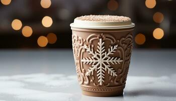 AI generated Hot chocolate in a festive mug warms winter nights generated by AI photo