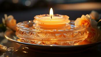 AI generated Burning candle illuminates table, creating tranquil scene of elegance generated by AI photo