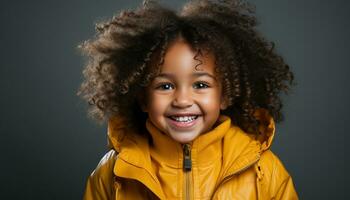 AI generated Smiling child with curly hair, looking at camera, full of joy generated by AI photo