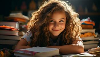 ai generado sonriente niña estudiando, rodeado por libros, radiante felicidad y inteligencia generado por ai foto