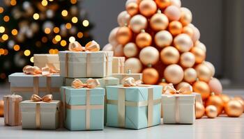 AI generated A stack of gift boxes, wrapped in colorful paper generated by AI photo
