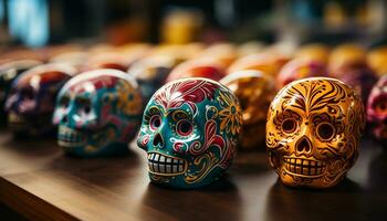 AI generated Day of the Dead celebration colorful skulls in a row generated by AI photo