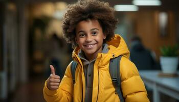 ai generado africano chico sonriente, mirando a cámara, disfrutando invierno al aire libre generado por ai foto