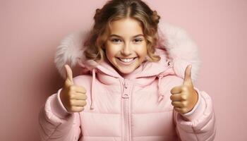 ai generado sonriente caucásico niña en rosado da pulgares arriba, radiante felicidad generado por ai foto