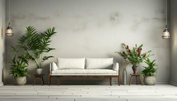 AI generated Modern apartment with elegant design, comfortable sofa, and stylish decor generated by AI photo
