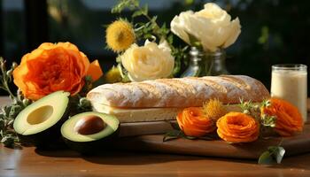 AI generated Healthy eating Fresh avocado slice on wooden table, nature gourmet generated by AI photo