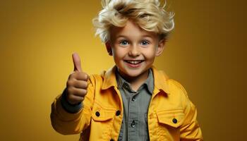AI generated Smiling blond boy brings joy, happiness, and innocence indoors generated by AI photo