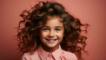 ai generado sonriente niño con Rizado cabello, un retrato de felicidad generado por ai foto