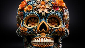 AI generated Day of the Dead celebration spooky, colorful masks symbolize death generated by AI photo