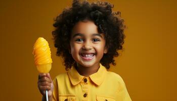 AI generated Smiling child holding candy, enjoying sweet fruit dessert generated by AI photo