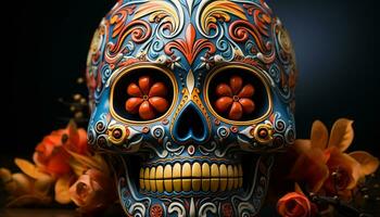 AI generated Day of the Dead celebration colorful skulls, flowers, and spirituality generated by AI photo