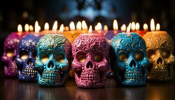 AI generated Day of the Dead celebration candlelit table, spooky decorations, glowing skulls generated by AI photo