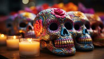 ai generado día de el muerto celebracion vistoso decoraciones, calaveras, velas, tradicion generado por ai foto