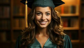 ai generado uno mujer, sonriente, mirando a cámara, celebrando graduación éxito generado por ai foto