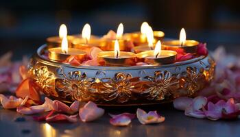 AI generated Burning candle illuminates dark table, symbolizing spirituality and relaxation generated by AI photo