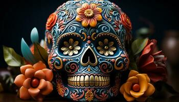 AI generated Day of the Dead celebration colorful masks, spooky decorations, smiling faces generated by AI photo