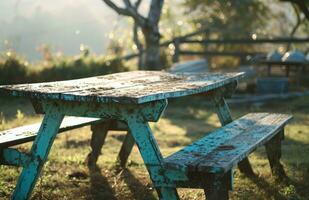 AI generated an old picnic table is set outside photo