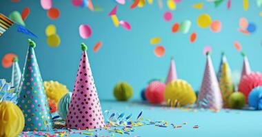 AI generated colorful party hats and confetti on blue background photo