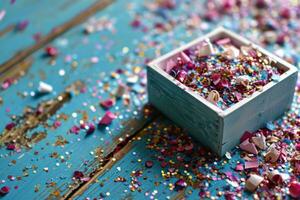 AI generated birthday confetti in a box with a box on a blue table photo