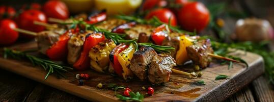 AI generated an image of kebab on wooden table, with vegetables and meat on top photo