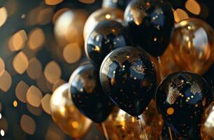 AI generated birthday party background with black and gold balloons photo