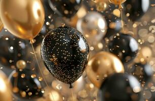 AI generated birthday party background with black and gold balloons photo