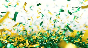 AI generated celebration frame in white background with green, yellow and green confetti photo