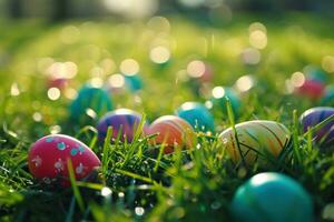 AI generated colorful easter eggs laying on a grass photo