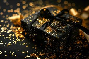 AI generated black box with gold ribbon and gold confetti photo