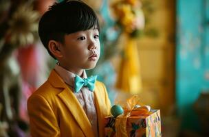 AI generated boy in yellow suit and bow tie holding easter gifts easter photo