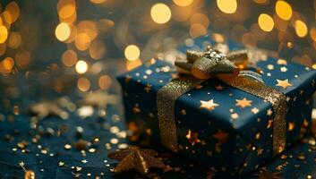 AI generated blue gift box with golden ribbon and stars on dark blue background photo