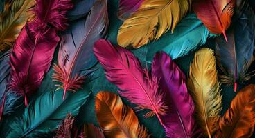 ai generado vistoso plumas en varios colores en un oscuro antecedentes foto