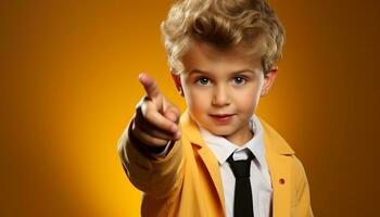 AI generated A cheerful blond boy in a suit pointing with confidence generated by AI photo