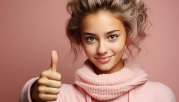 AI generated Smiling Caucasian woman, young and cute, exudes confidence and success generated by AI photo