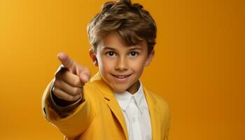 AI generated A cute, cheerful boy in a yellow suit showing success generated by AI photo