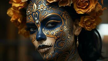 AI generated Elegant woman in gold mask celebrates beauty and creativity generated by AI photo