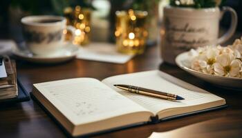 AI generated Wooden desk with books, pen, and coffee cup for studying generated by AI photo