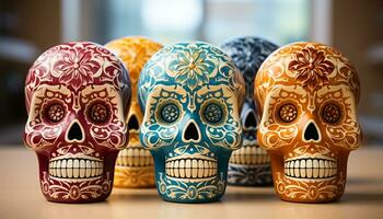 ai generado día de el muerto celebracion vistoso calaveras, escalofriante decoraciones, delicioso comida generado por ai foto