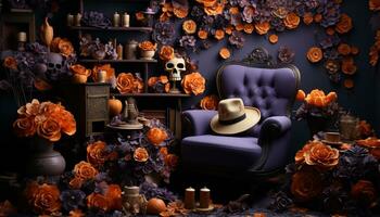 AI generated Spooky Halloween table decor pumpkin, candle, spider, ghost, candy generated by AI photo