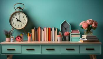 AI generated Education a clock on a bookshelf in a modern library generated by AI photo