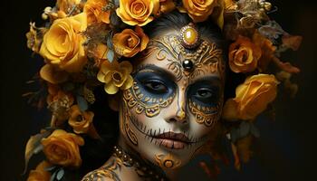 AI generated Beautiful woman with golden flower, elegance and sensuality in studio generated by AI photo