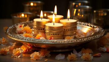 AI generated Burning candle illuminates table, symbolizing spirituality and celebration generated by AI photo