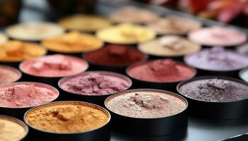 AI generated A vibrant collection of multi colored eyeshadows, a beauty palette generated by AI photo