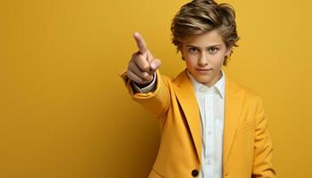 AI generated Successful businessman pointing, smiling, looking at camera on yellow background generated by AI photo