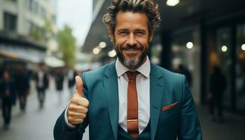 AI generated Successful businessman looking confident, smiling, and professional in the city generated by AI photo