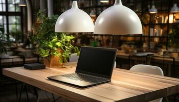 AI generated Modern office desk with laptop, computer monitor, and wireless technology generated by AI photo