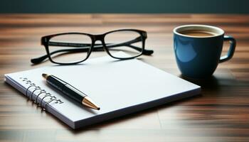 AI generated Coffee cup on desk, empty notebook, creative ideas flow generated by AI photo